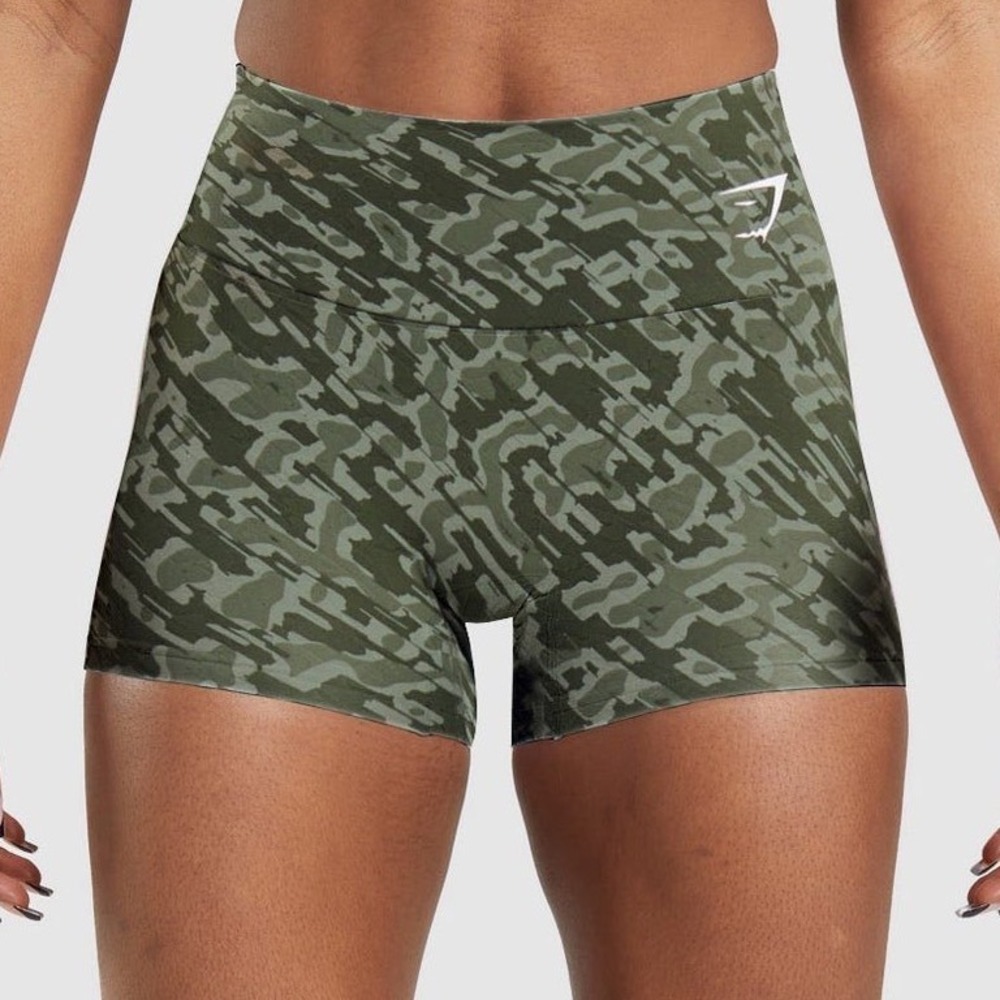 Gymshark‎ Training Shorts Green Camo High Waisted Athletic Workout XS/S